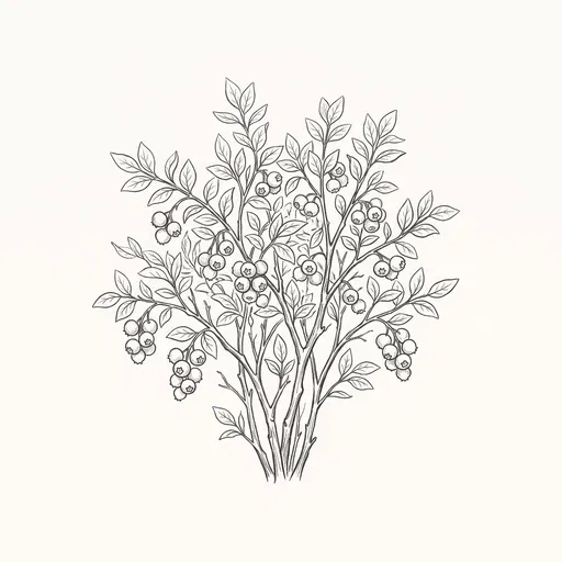 Monochrome Line Art Blueberry Bush Illustration