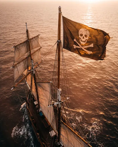 Pirate Ship Sailing at Sunset