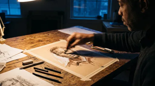 Artist Sketching Charcoal Portrait at Desk