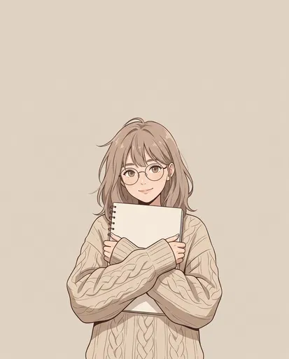 Anime Girl Holding Sketchbook in Beige Sweater