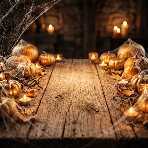Golden Pumpkins and Candles on Rustic Table