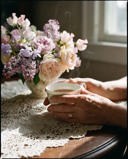 Older Hands Holding Teacup Near Flowers