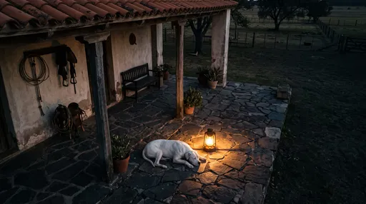 White Dog Sleeping by Lantern on Veranda