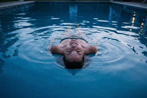 Woman Floating in Pool at Dusk