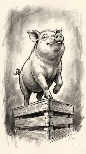 Charcoal Sketch of Proud Pig on Crate