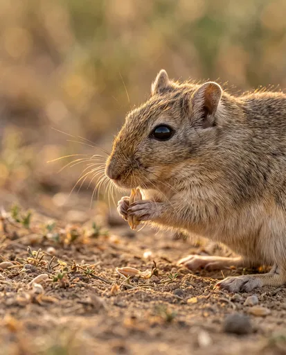 Gerbil Eating Grain in Golden Sunlight