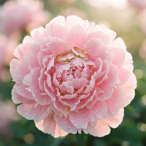 Gold Wedding Bands on Pink Peony