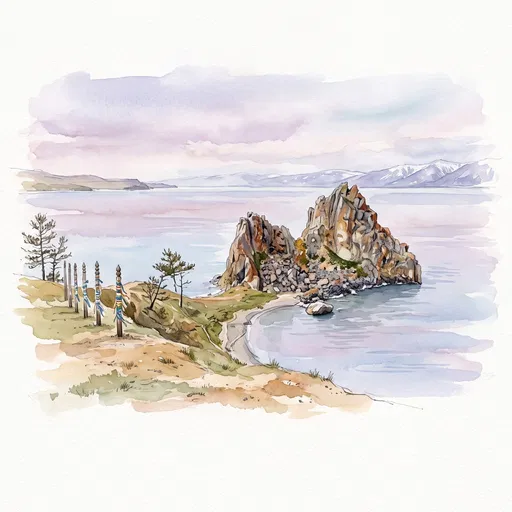 Watercolor Illustration of Shamanka Rock Lake Baikal