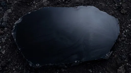 Polished Black Obsidian Slab on Dark Soil