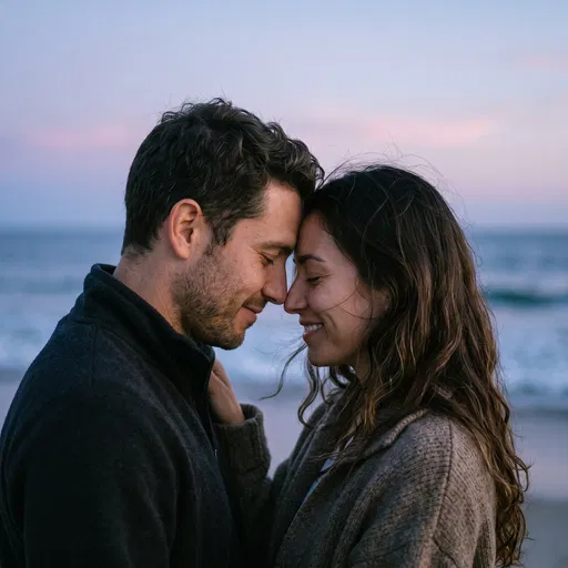 Couple Embracing on Beach at Dusk