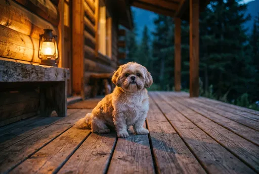Shih Tzu on Cabin Porch at Dusk