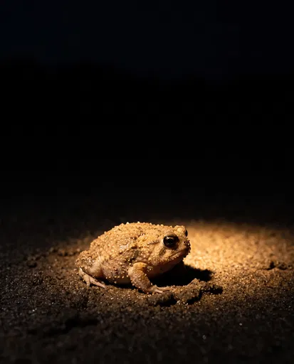 Spotlighted Toad on Dark Sand at Night