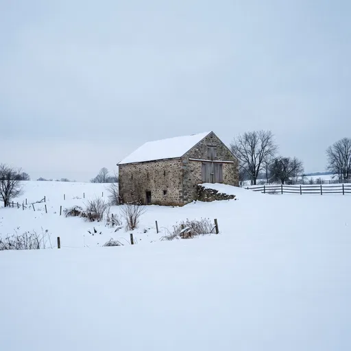 Rustic Stone Barn in Winter Snow