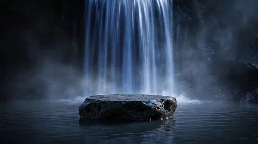 Volcanic Stone Podium Before Misty Waterfall