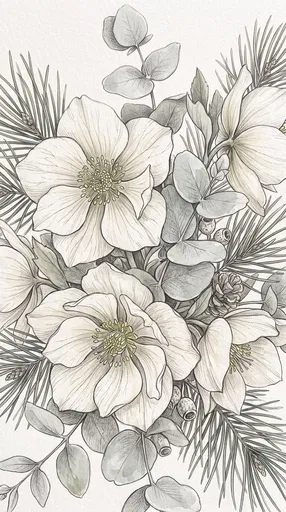 Botanical Christmas Rose and Eucalyptus Drawing