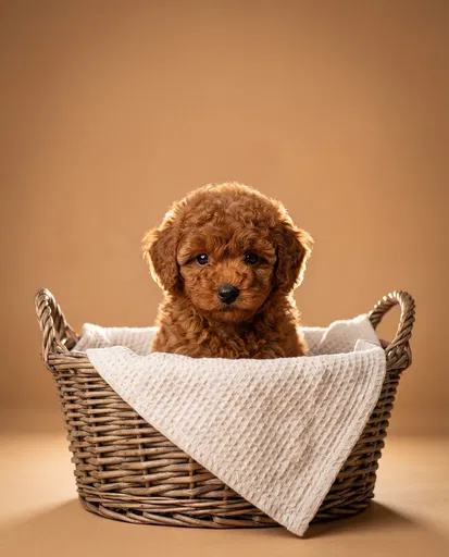 Red Toy Poodle Puppy in Wicker Basket