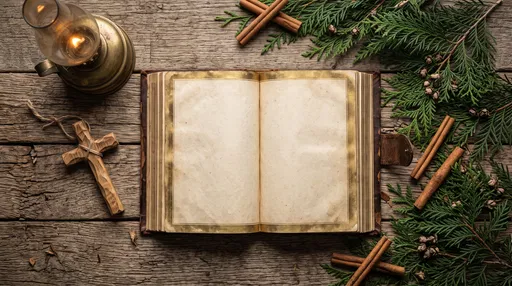 Open Antique Book With Cross and Cedar