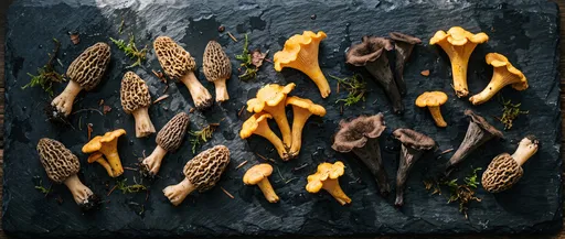 Foraged Wild Mushrooms on Wet Black Slate