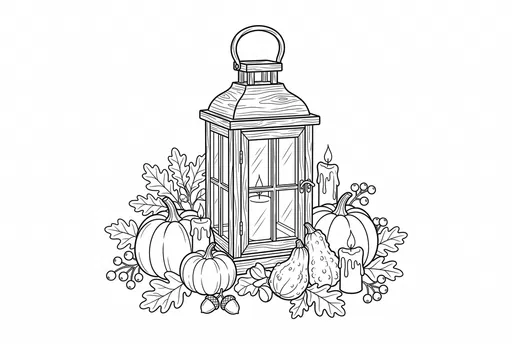 Autumn Lantern and Pumpkins Coloring Page