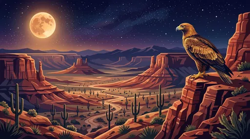 Eagle Perched Over Moonlit Desert Valley