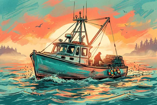 Maine Lobster Boat at Sunset Illustration