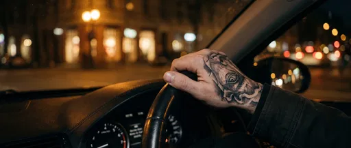 Tattooed Hand on Steering Wheel at Night