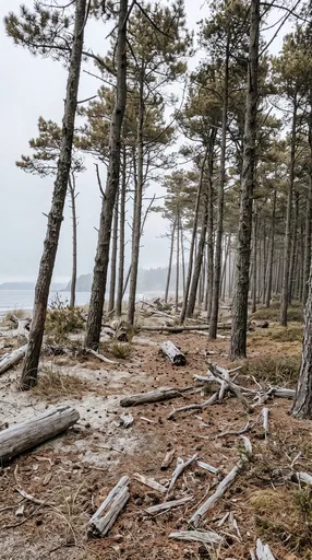 Coastal Pine Forest With Driftwood