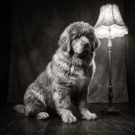 Monochrome Studio Portrait of Fluffy Dog
