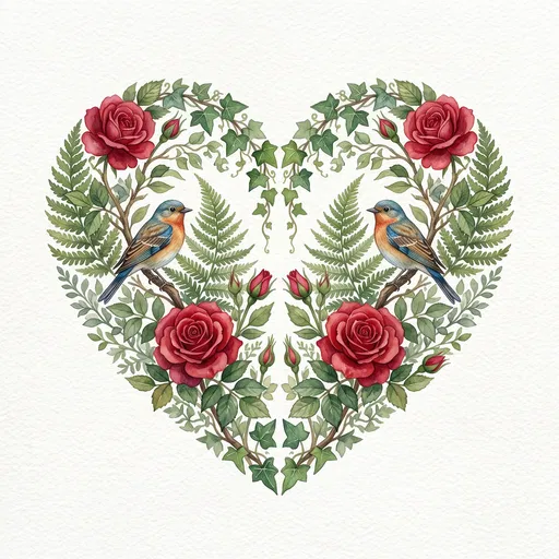 Watercolor Floral Heart With Songbirds