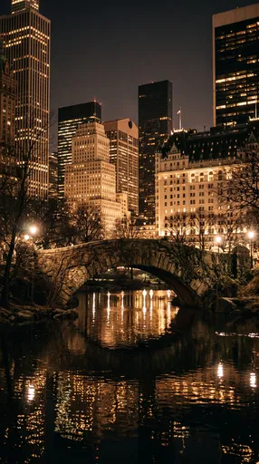 Gapstow Bridge and Manhattan Skyline at Night
