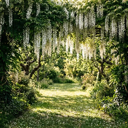 White Wisteria Archway Over Sunlit Garden Path