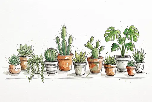 Watercolor and Ink Potted Plants Lineup