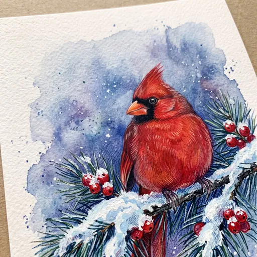 Painted Red Cardinal on Snowy Pine Branch