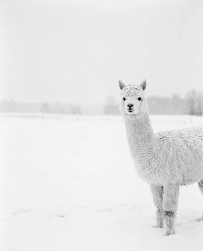 White Alpaca in Snowy Winter Meadow