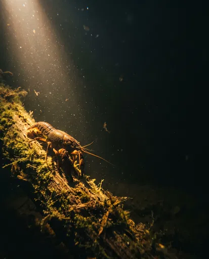 Crawdad on Submerged Mossy Log Underwater