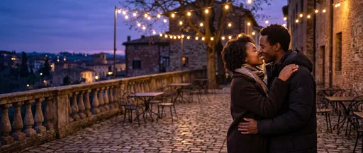 Couple Kissing on Cobblestone Terrace at Twilight
