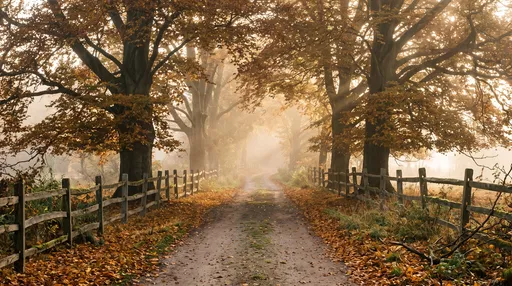 Misty Autumn Country Lane With Wooden Fences