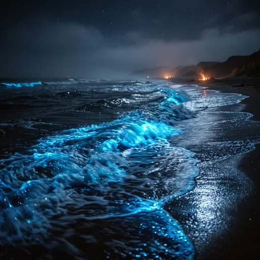 Bioluminescent Ocean Waves on Night Beach