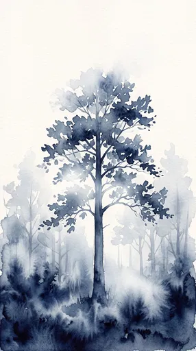 Indigo Watercolor Tree in Misty Forest
