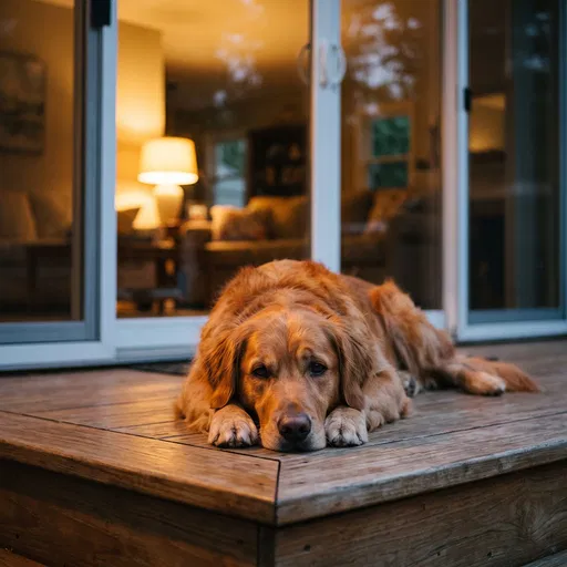 Golden Retriever Resting on Wooden Patio Deck