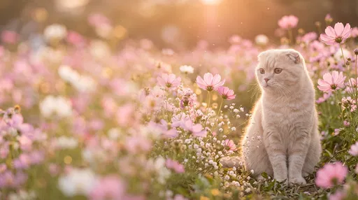 Cream Cat in Pink Flower Meadow