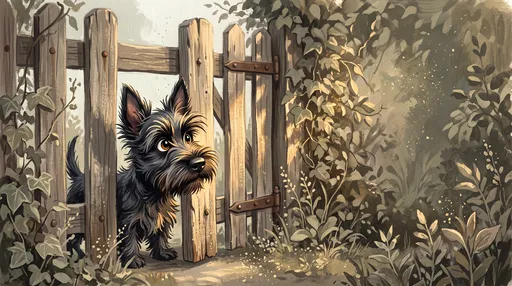 Cartoon Scottish Terrier Puppy at Garden Gate
