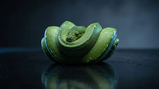 Coiled Green Python on Dark Surface