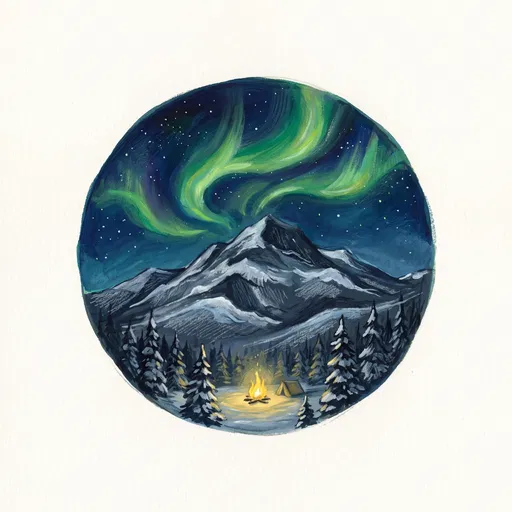Circular Northern Lights Mountain Campfire Illustration