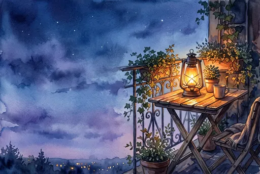 Watercolor Balcony Table with Glowing Lantern