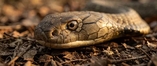 Close-Up of King Cobra on Leaf Litter