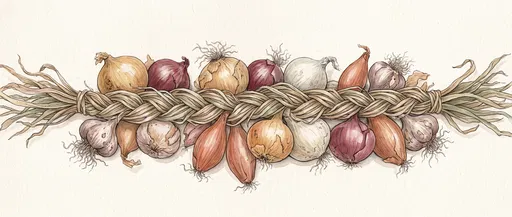 Braided Onions and Shallots Watercolor Illustration
