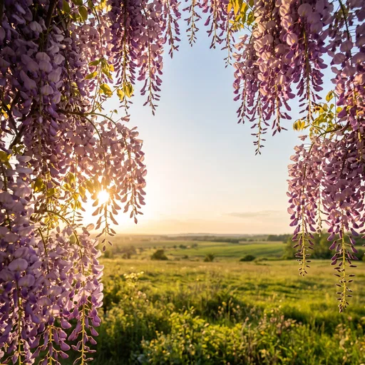 Backlit Wisteria Framing Sunny Green Meadow