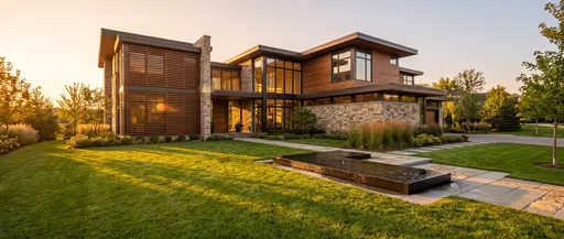 Contemporary Timber and Stone Residence at Sunset