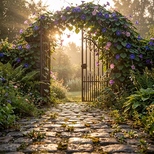 Sunrise Through Morning Glory Garden Gate